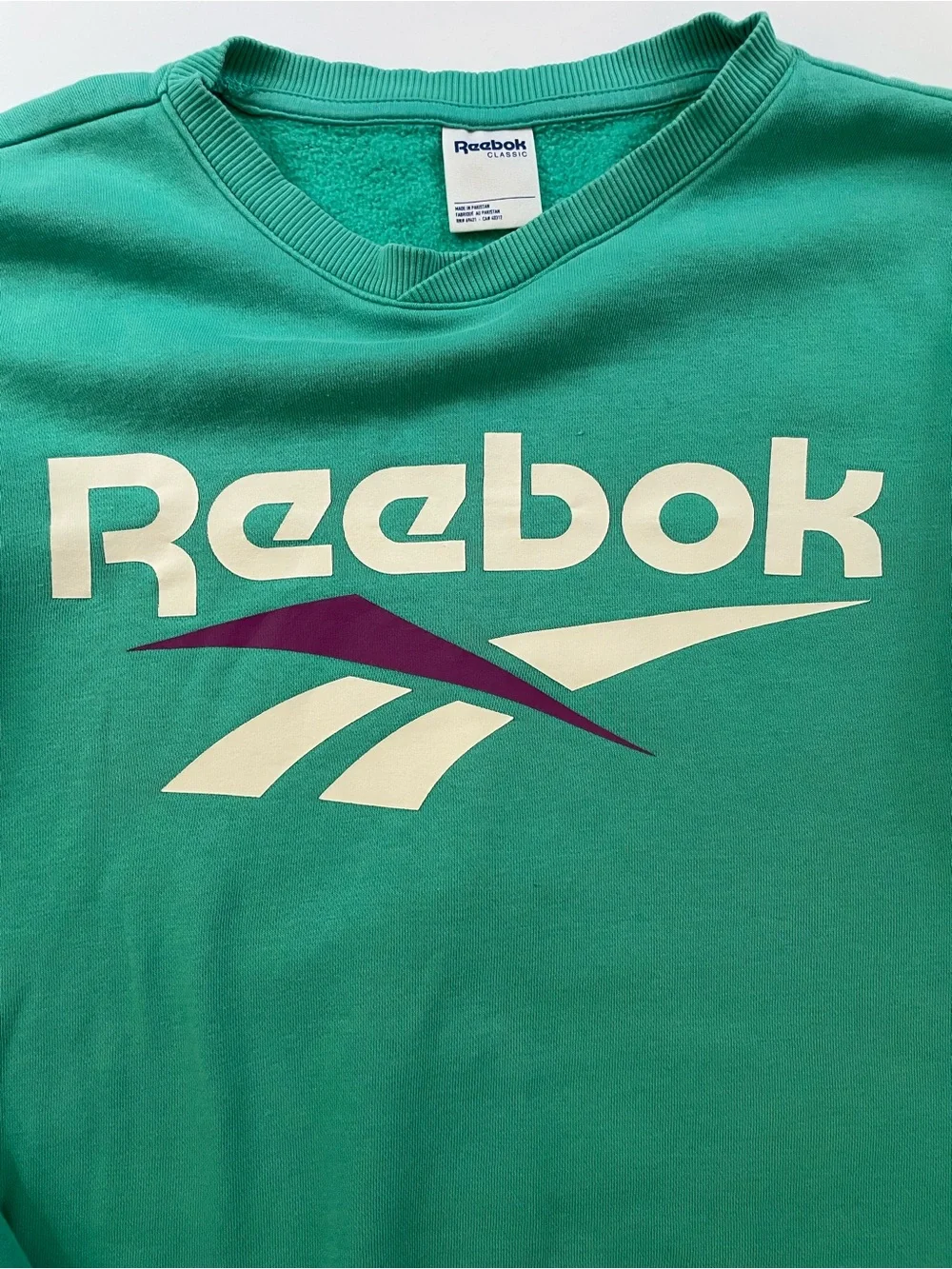 Vintage 90s Reebok Spell Out Crewneck Sweatshirt Green Big Logo Size Small